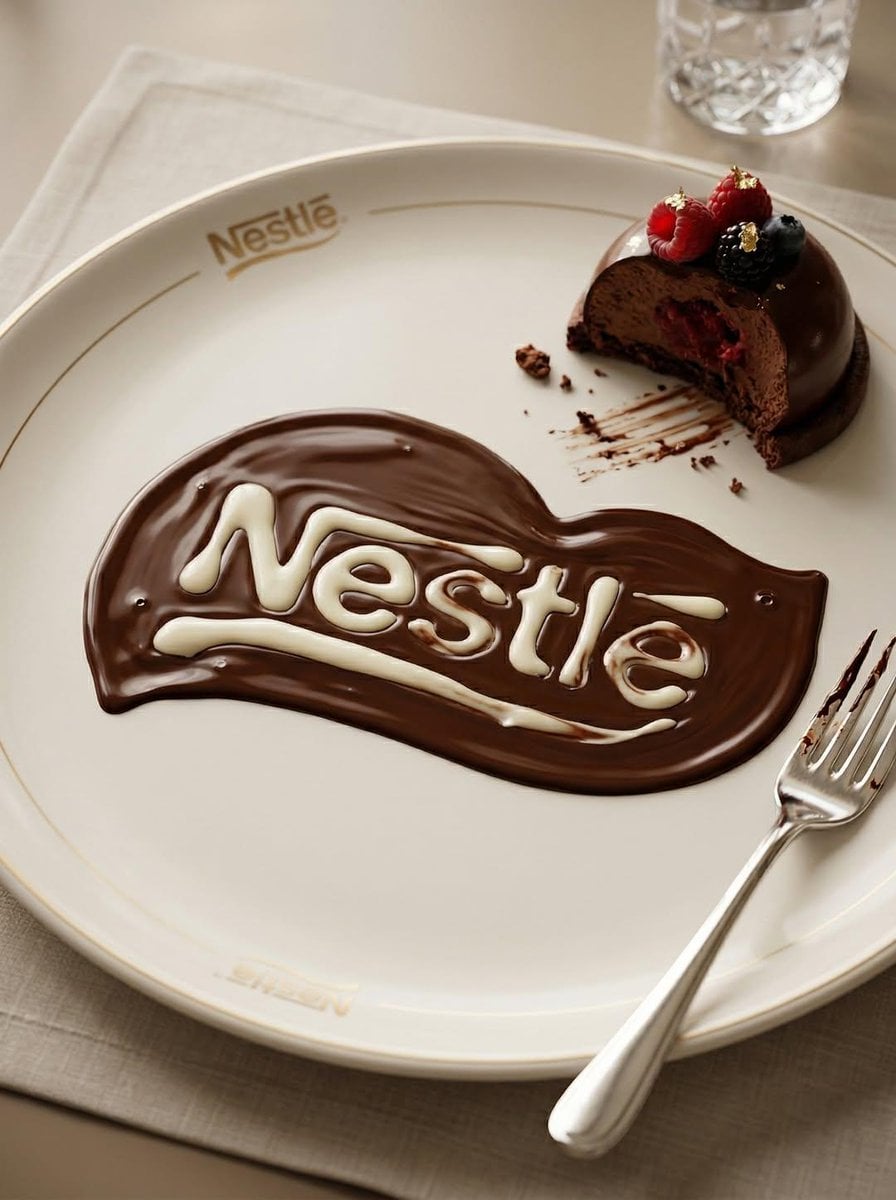 Transform the uploaded logo into a realistic dessert scene where the logo silhouette is formed naturally by melted choco