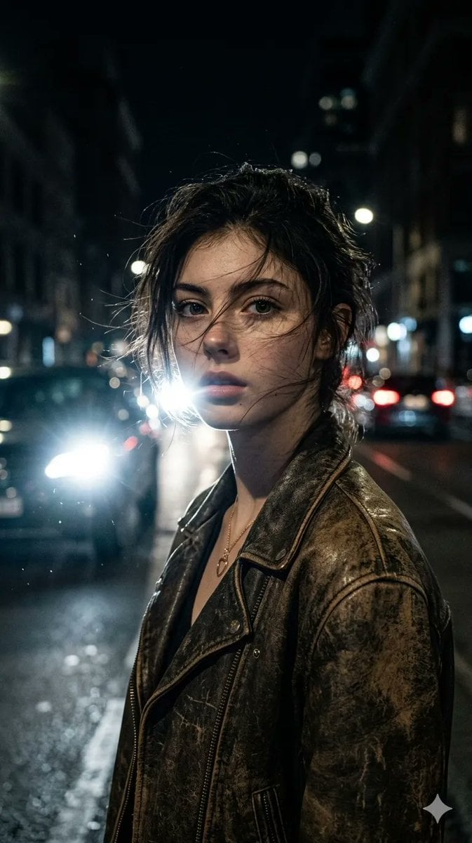 Ultra-realistic portrait of a woman (from uploaded image), messy hair slightly windswept, wearing a worn leather jacket.