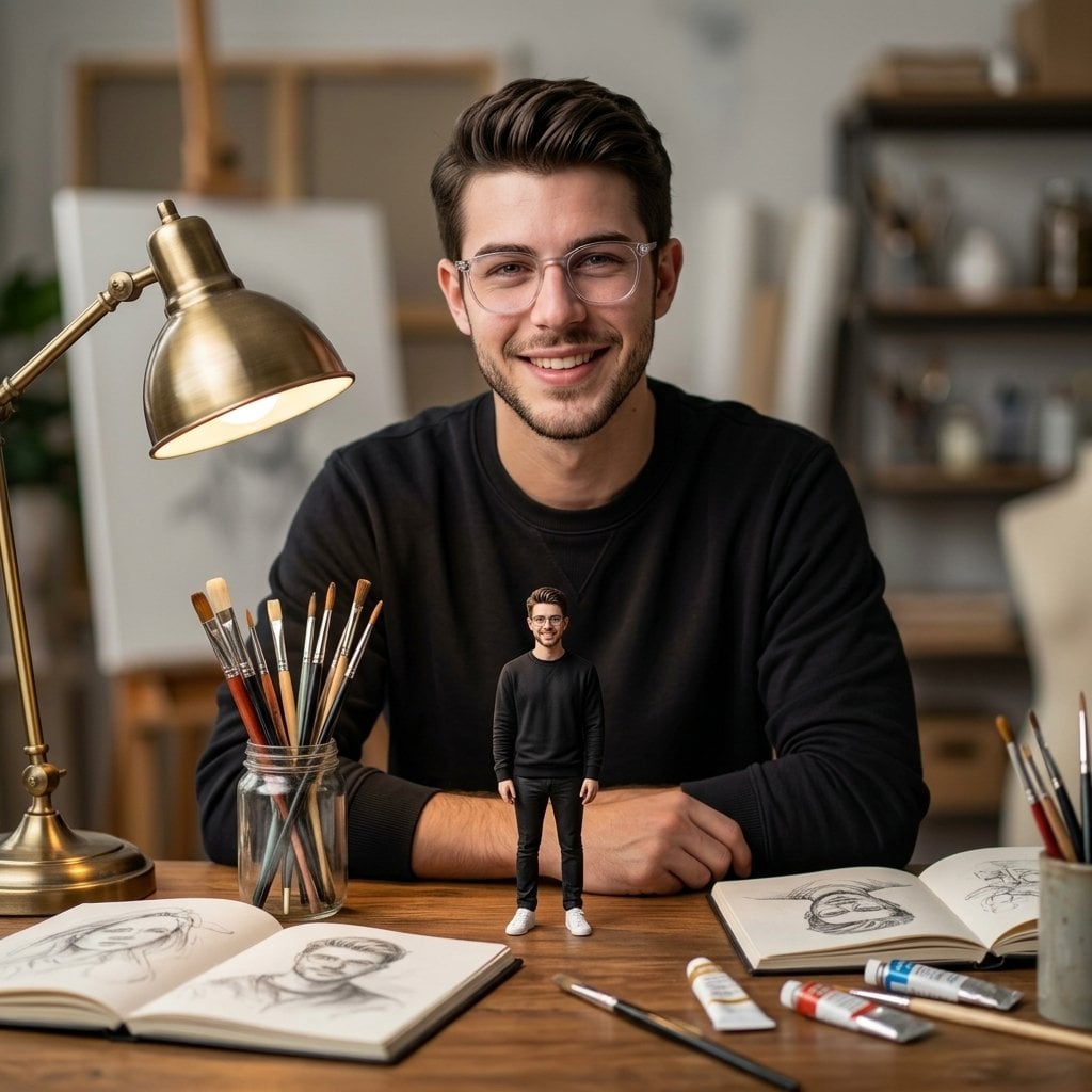 Ultra-realistic cinematic portrait of a young man sitting at a wooden desk in a cozy art studio, smiling warmly at the c