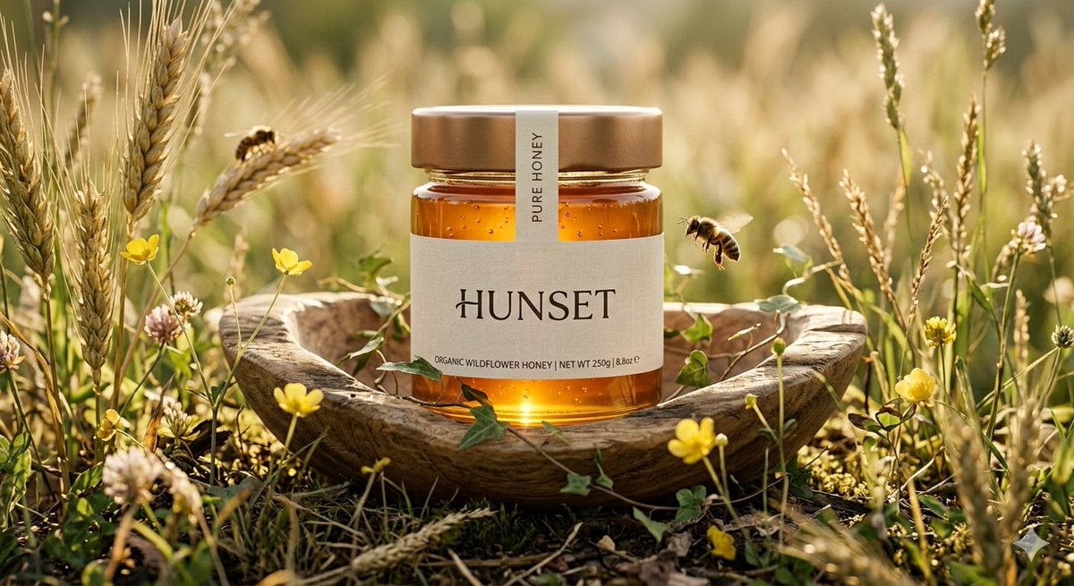 Ultra-realistic cinematic product shot of a premium honey jar placed inside a shallow wooden hollow surrounded by tall w