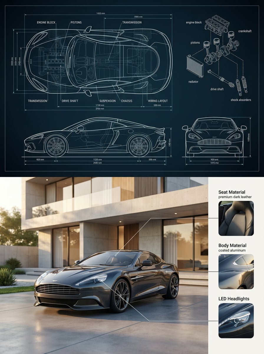 {
  "objective": "Create a premium split composition showing a detailed automotive blueprint (top) and a perfectly match