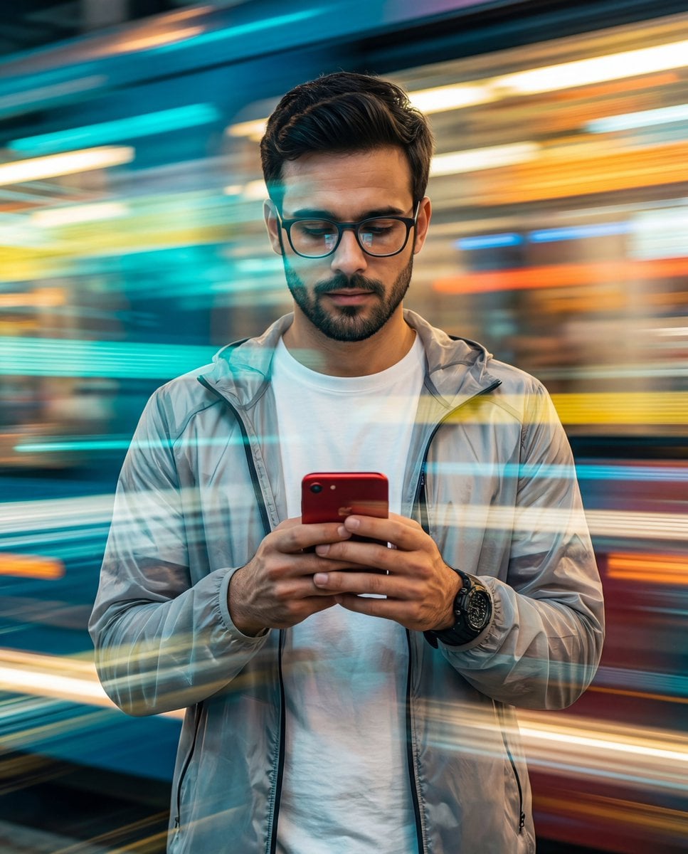 Generate an image of a man in the uploaded image in which the entire scene is layered with heavy, horizontal motion-blur