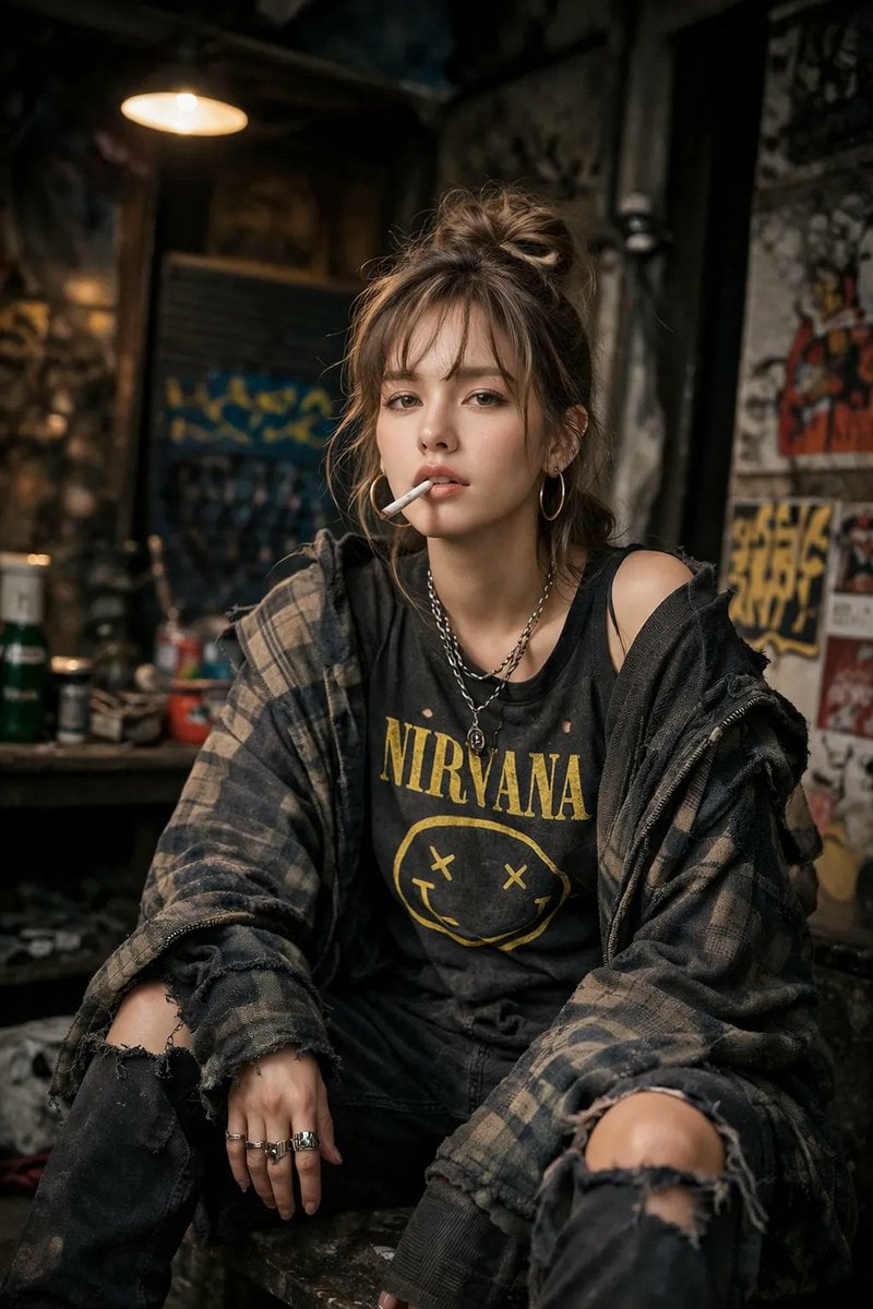 A high-detail photograph of a defiant woman posing nonchalantly. She has a messy aesthetic, wearing oversized grunge clo