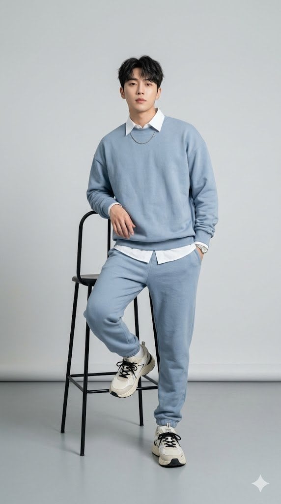 Subject & [Hero Subject: Pose

Full-body] studio fashion photography of a young [Hero Subject: East Asian] man with styl
