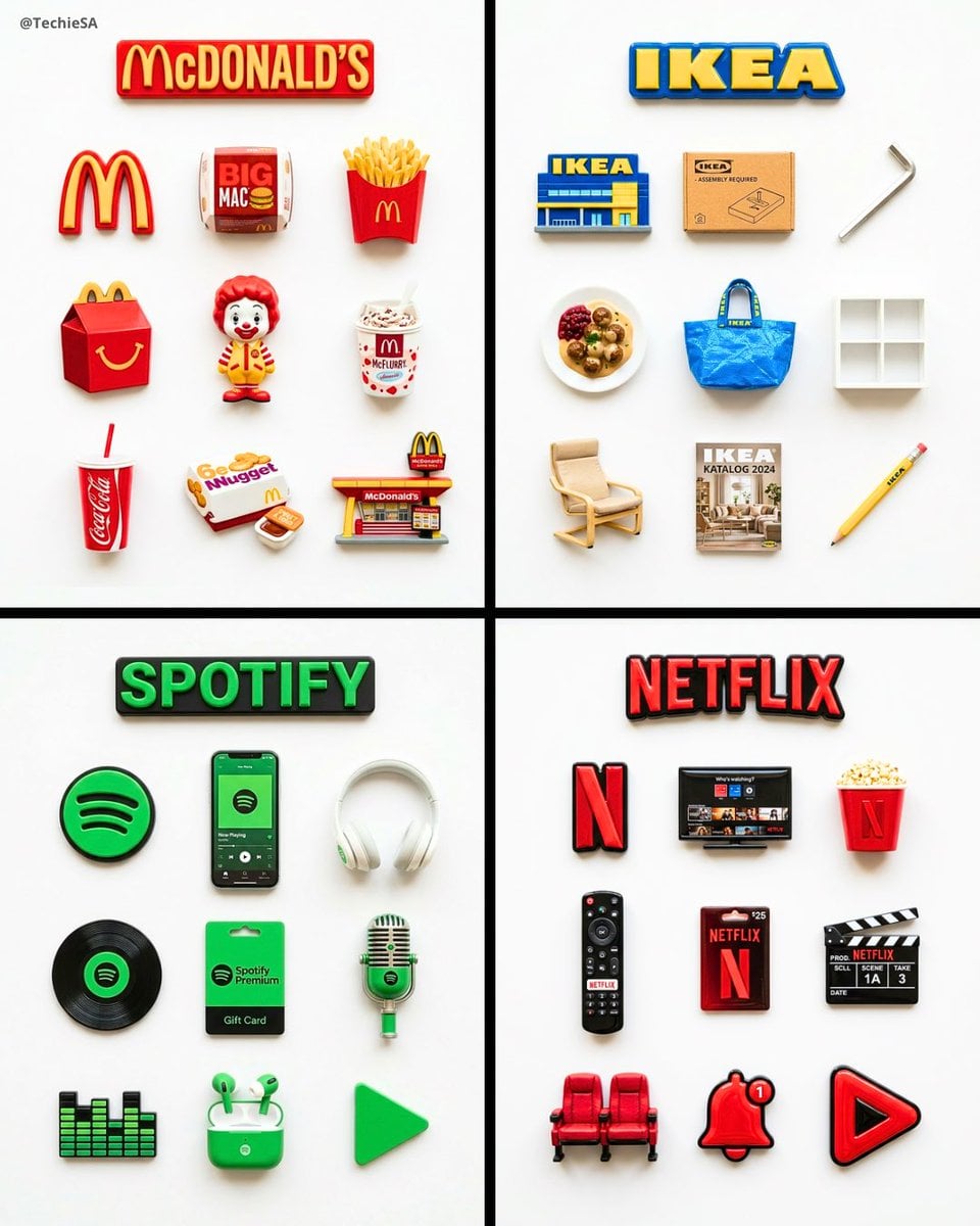 A flat-lay collection of exactly 9 hyper-realistic 3D resin fridge magnets arranged on a bright pure white surface in a 