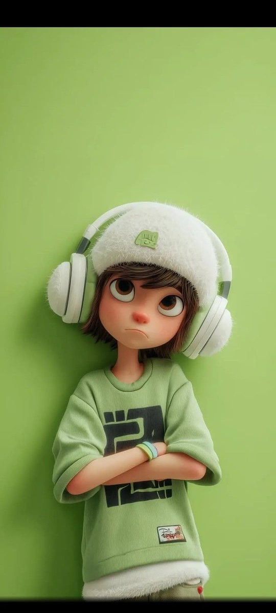 A stylized 3D cartoon character of a young boy with big expressive eyes and a slightly sad, pouty expression, standing a