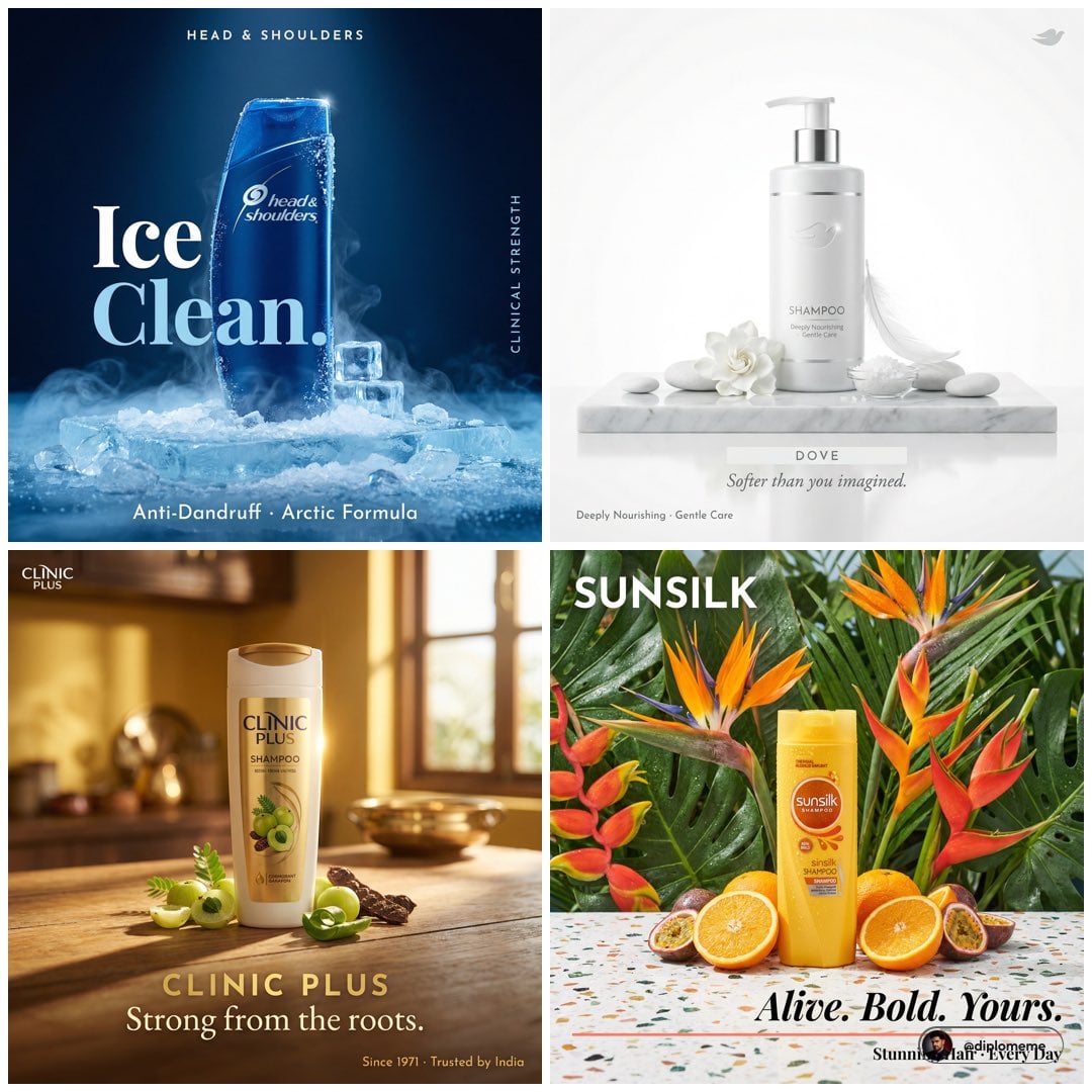 Hyper-realistic luxury product campaign poster, 1:1 square format. brand name shampoo bottle standing centered on surfac