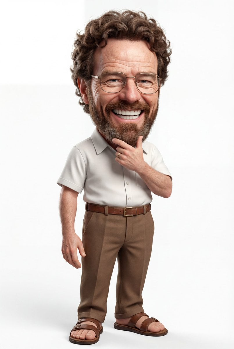 A highly detailed 3D caricature of a cheerful man with an oversized head, a big smile showcasing large teeth, and curly 