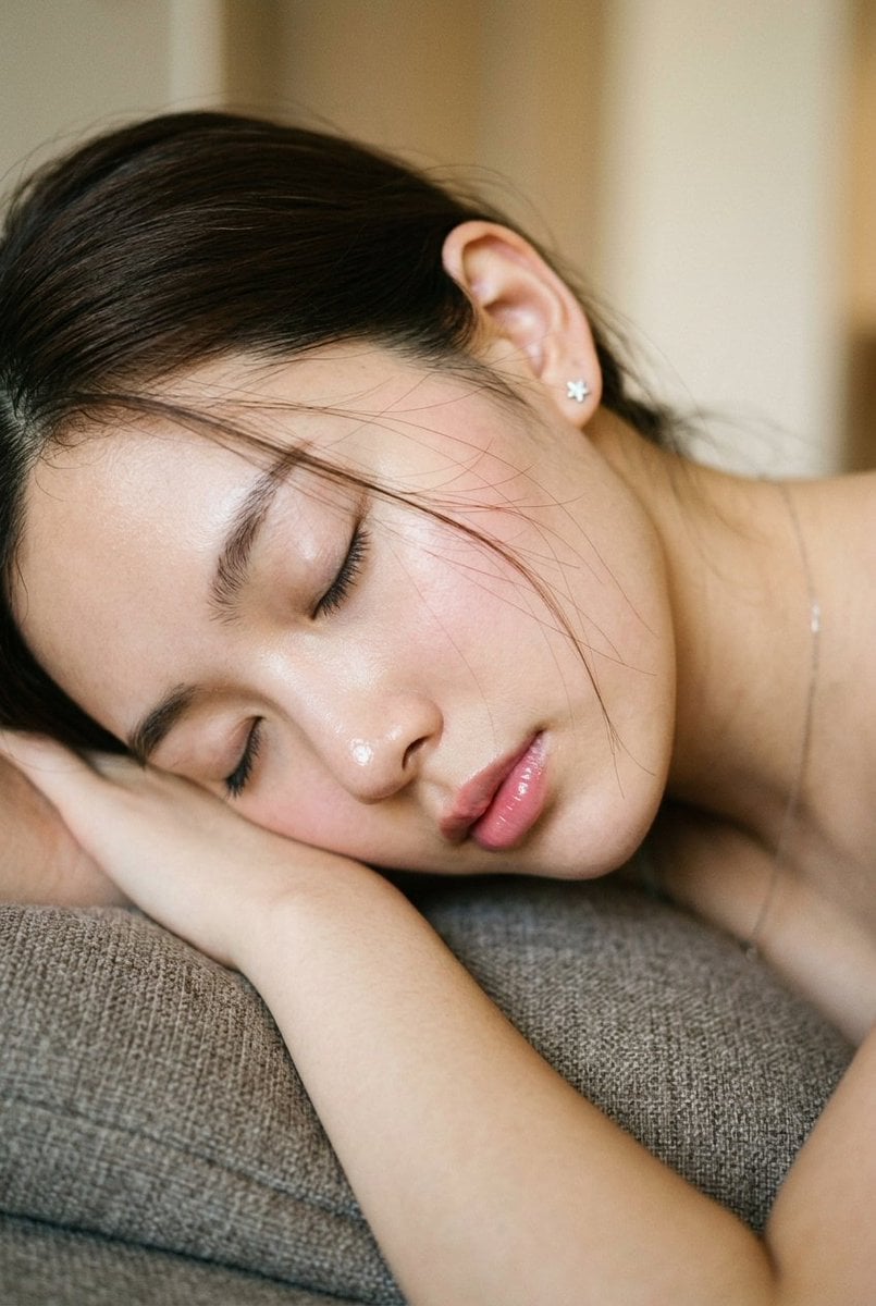 {
  "subject": {
    "description": "Extreme close-up profile portrait of a young woman resting.",
    "mirror_rules": n