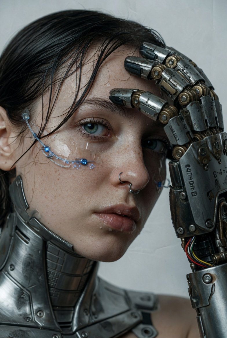 A hyper-realistic, cinematic extreme close-up portrait of a young woman with fair, freckled skin and damp, dark hair. Sh