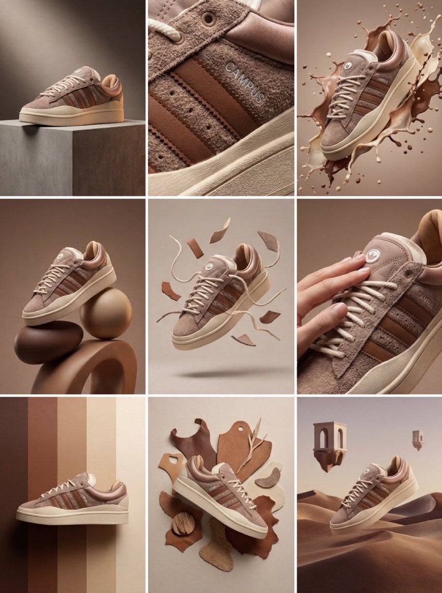 Create a 3×3 grid in
3:4 aspect ratio for a high-end commercial marketing campaign using the uploaded product as the cen
