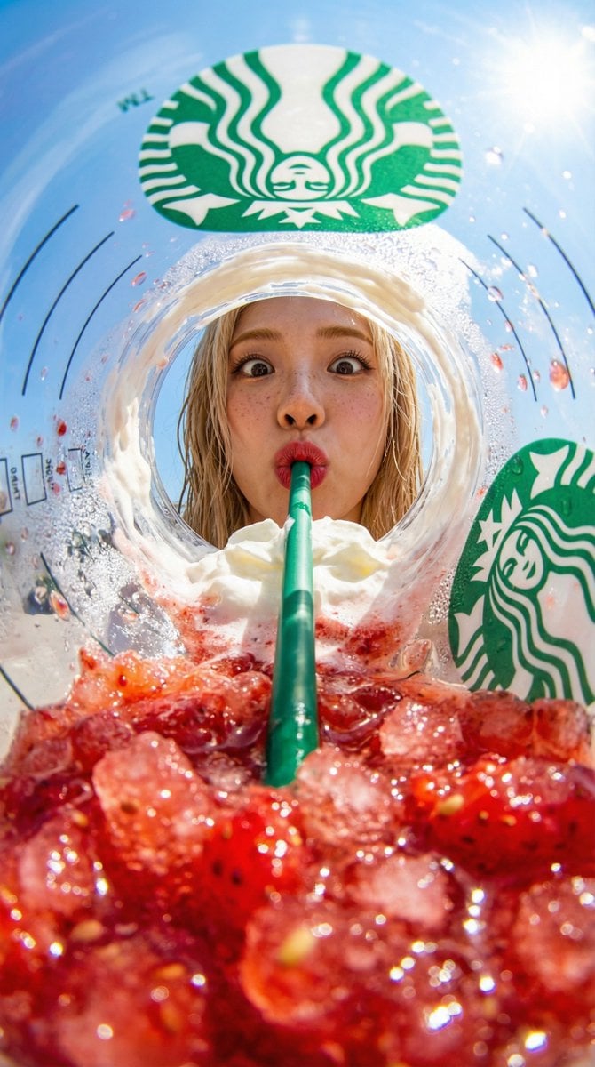 {
  "prompt": "View from inside a Starbucks strawberry frappuccino cup looking up, fisheye lens extreme distortion, worm