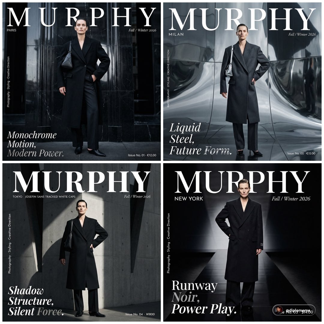 Murphy magazine fashion editorial photograph. Androgynous model early 30s, sharp bone structure, flawless skin, hair sli