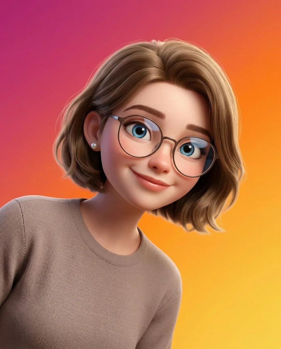 A stylized Pixar-style 3D portrait of a young person with smooth skin, large expressive blue eyes, soft facial features,