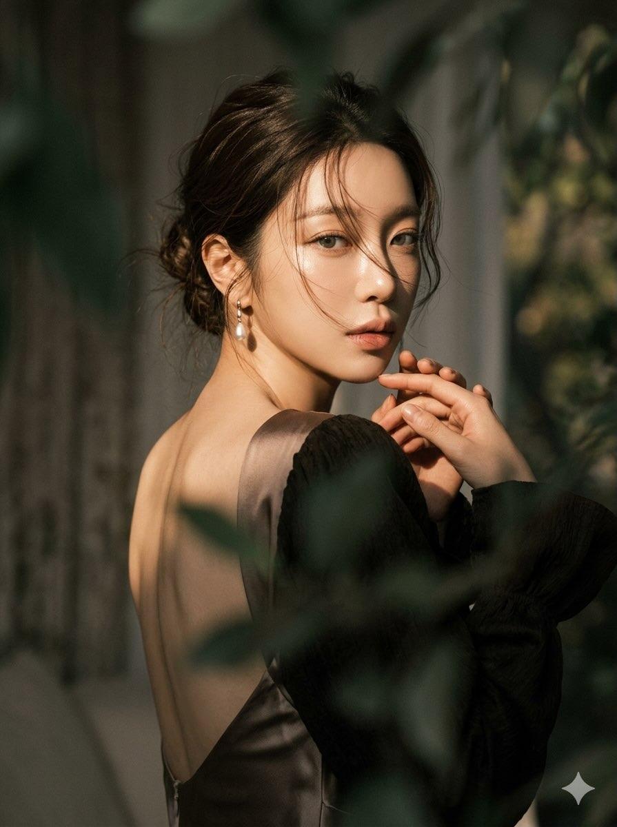 Create a moody, ethereal cinematic portrait of a woman with a dramatic over-the-shoulder pose.

1. Pose and Expression
•