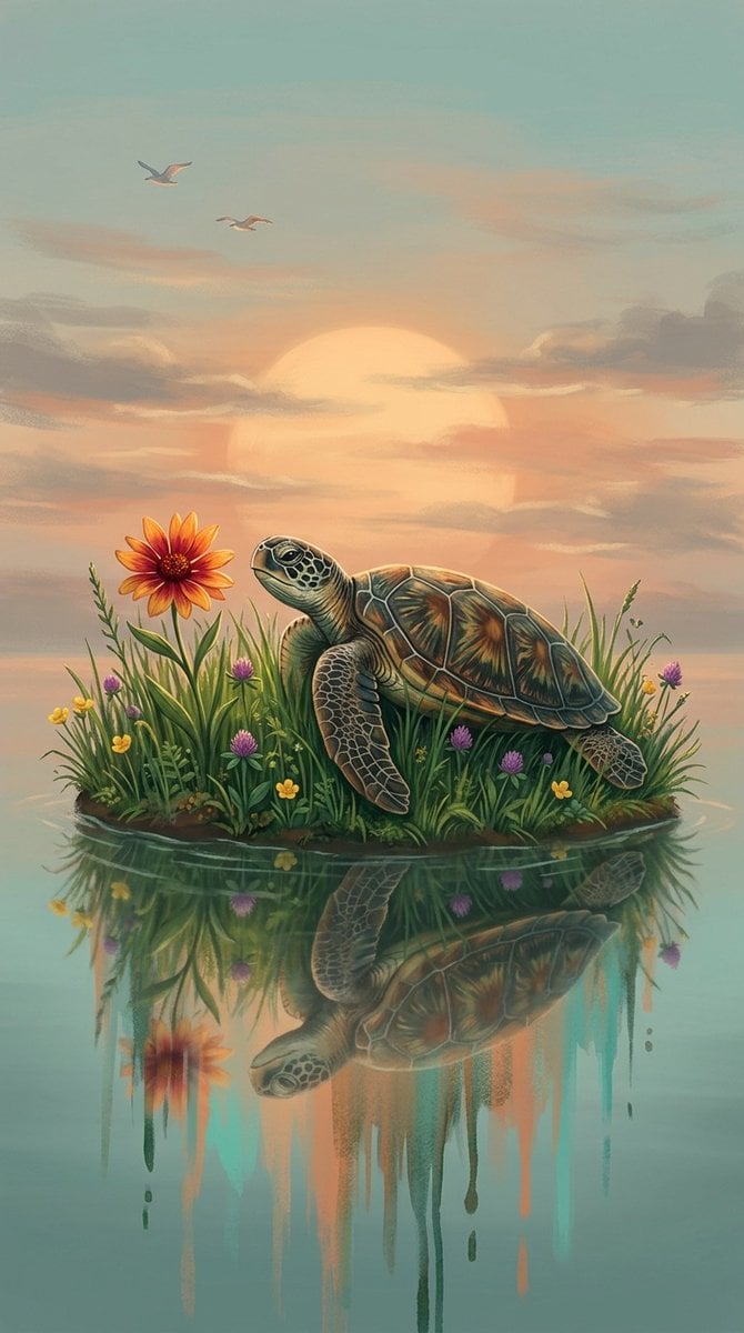 A digital fantasy illustration of a small turtle resting on a grassy riverbank at twilight. The turtle has a detailed, t