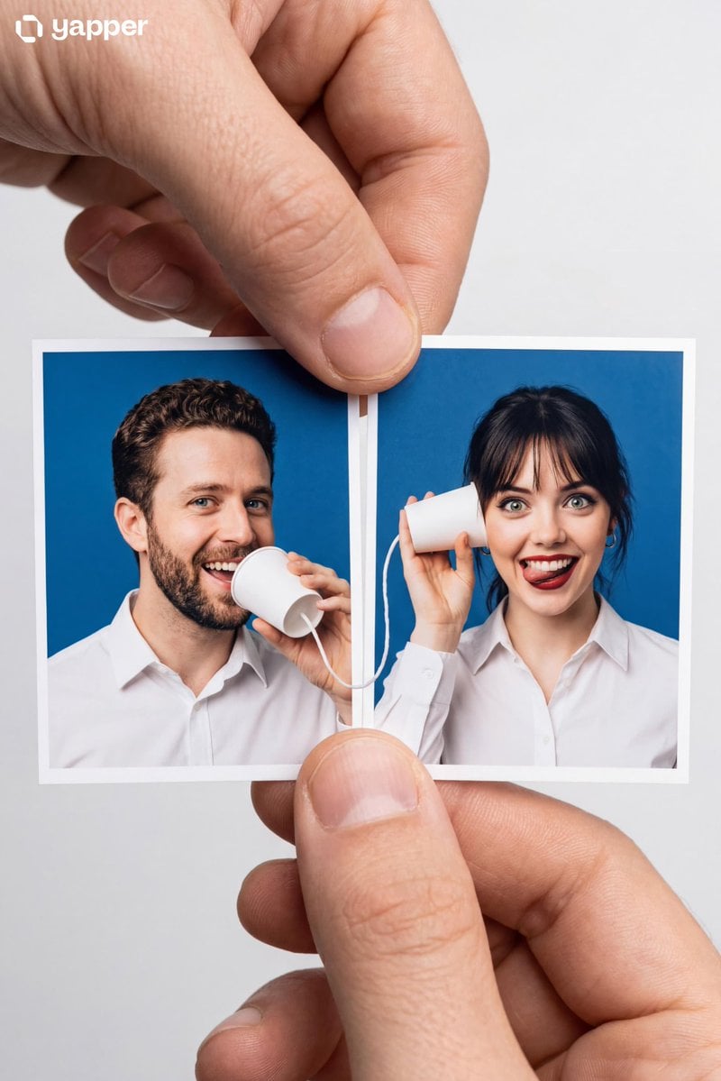 Create a [Hero Subject: Portrait Master Object]: Two passport-sized photo prints held side-by-side by a person's thumb a
