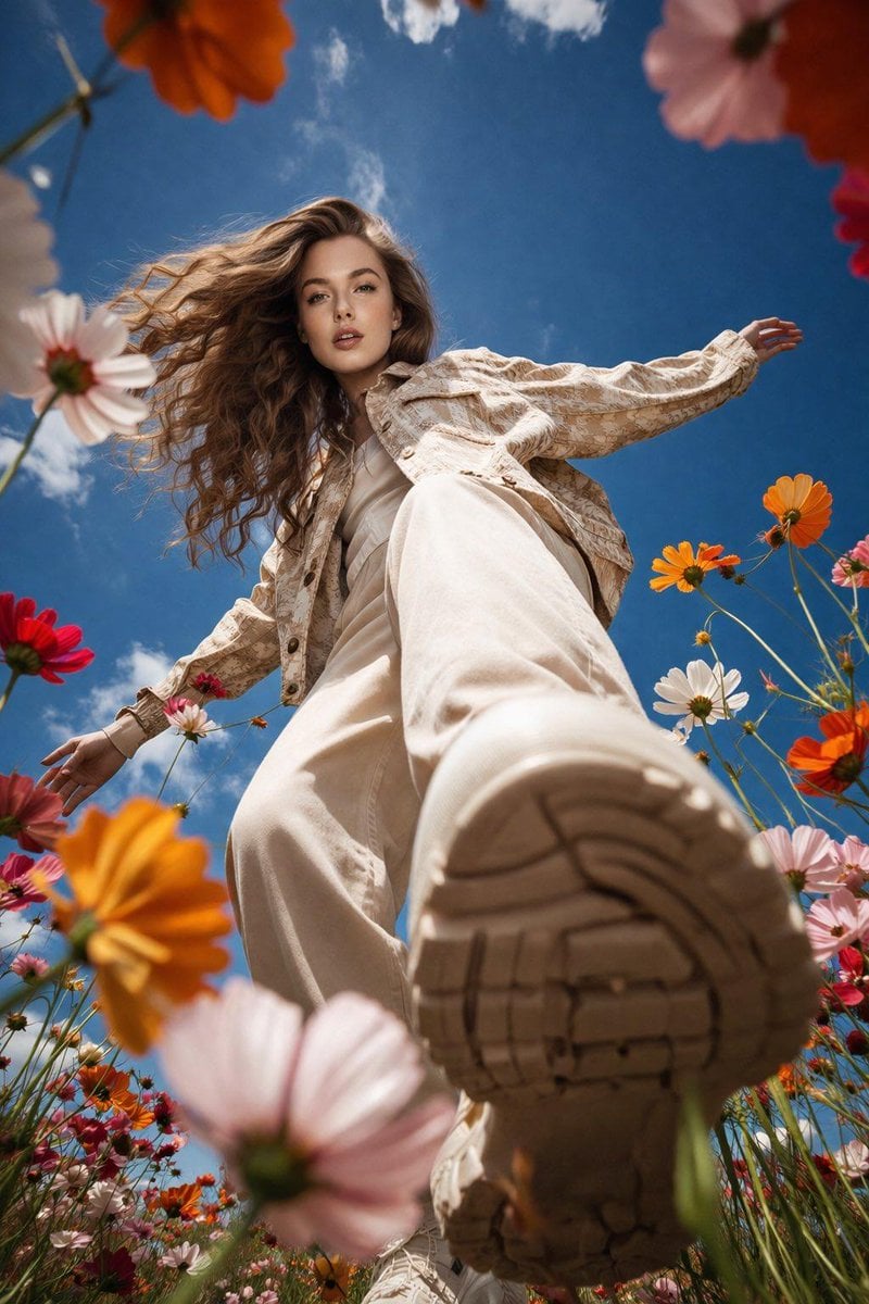 A cinematic ultra-wide low-angle shot of a stylish young woman walking through a vibrant flower field, captured from gro