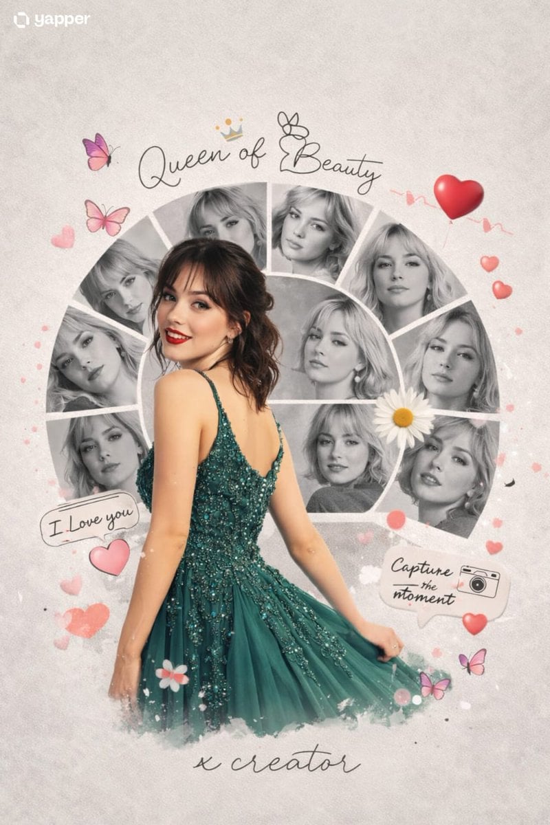 A creative romantic digital photo collage featuring a young handsome woman in a peacock green frock. The main subject is