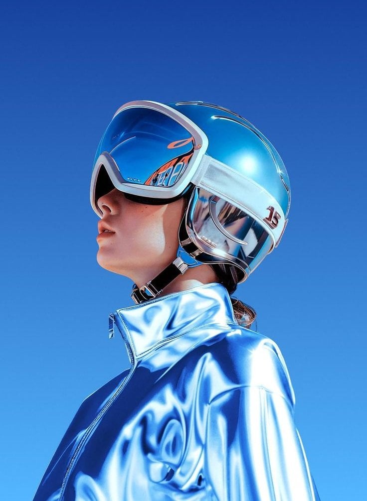 Ultra-realistic futuristic portrait of a young woman in side profile facing left, wearing a reflective metallic blue chr