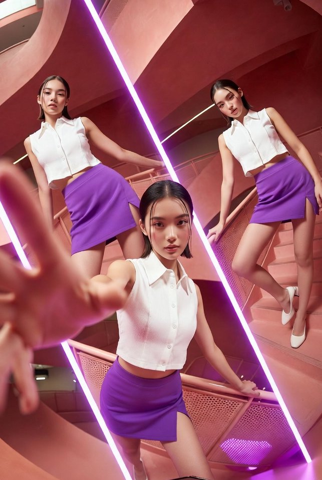A vibrant, high-fashion commercial photoshoot featuring a young stylish woman posing in multiple dynamic angles inside a