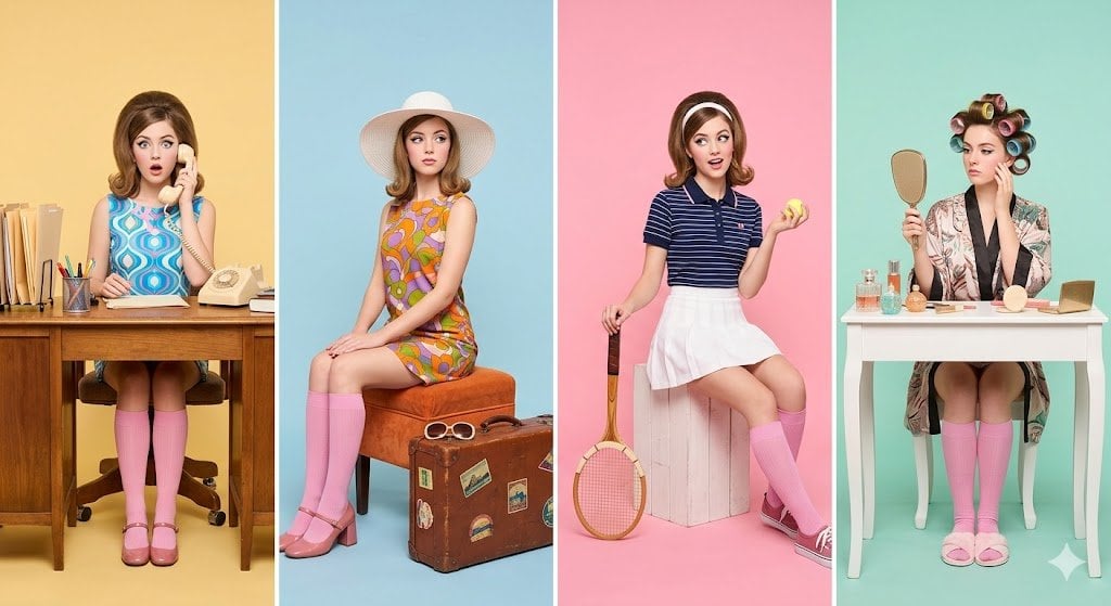 A retro-inspired studio photoshoot featuring a young woman styled in four different personas, arranged in a horizontal s