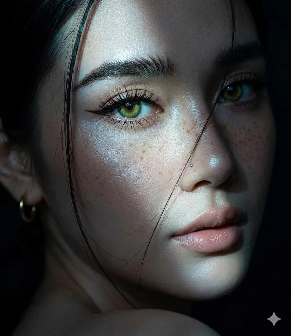 Create an extreme close-up portrait of a beautiful young woman who is turning her head toward the camera, as if looking 