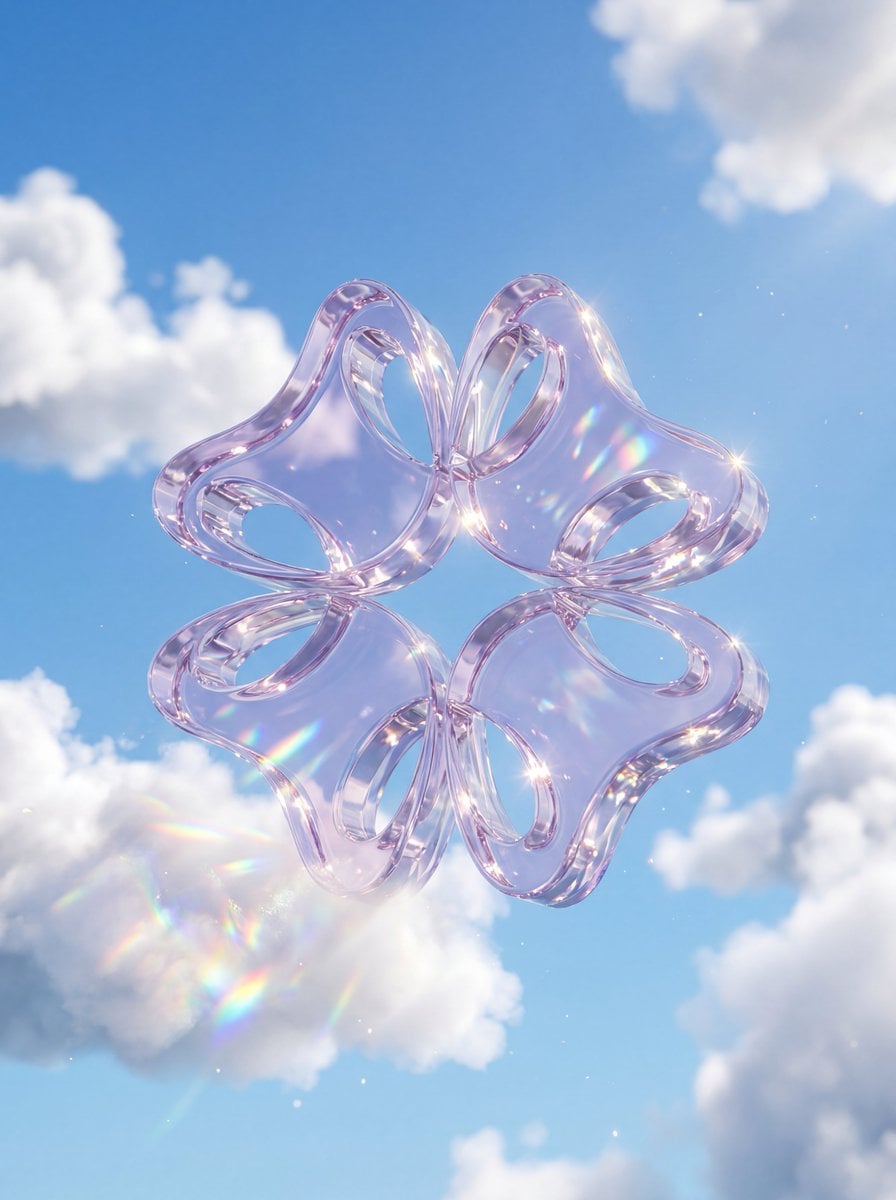 A premium 3D stylized version of attached logo, rendered as thick, translucent crystal glass with high refraction. The o