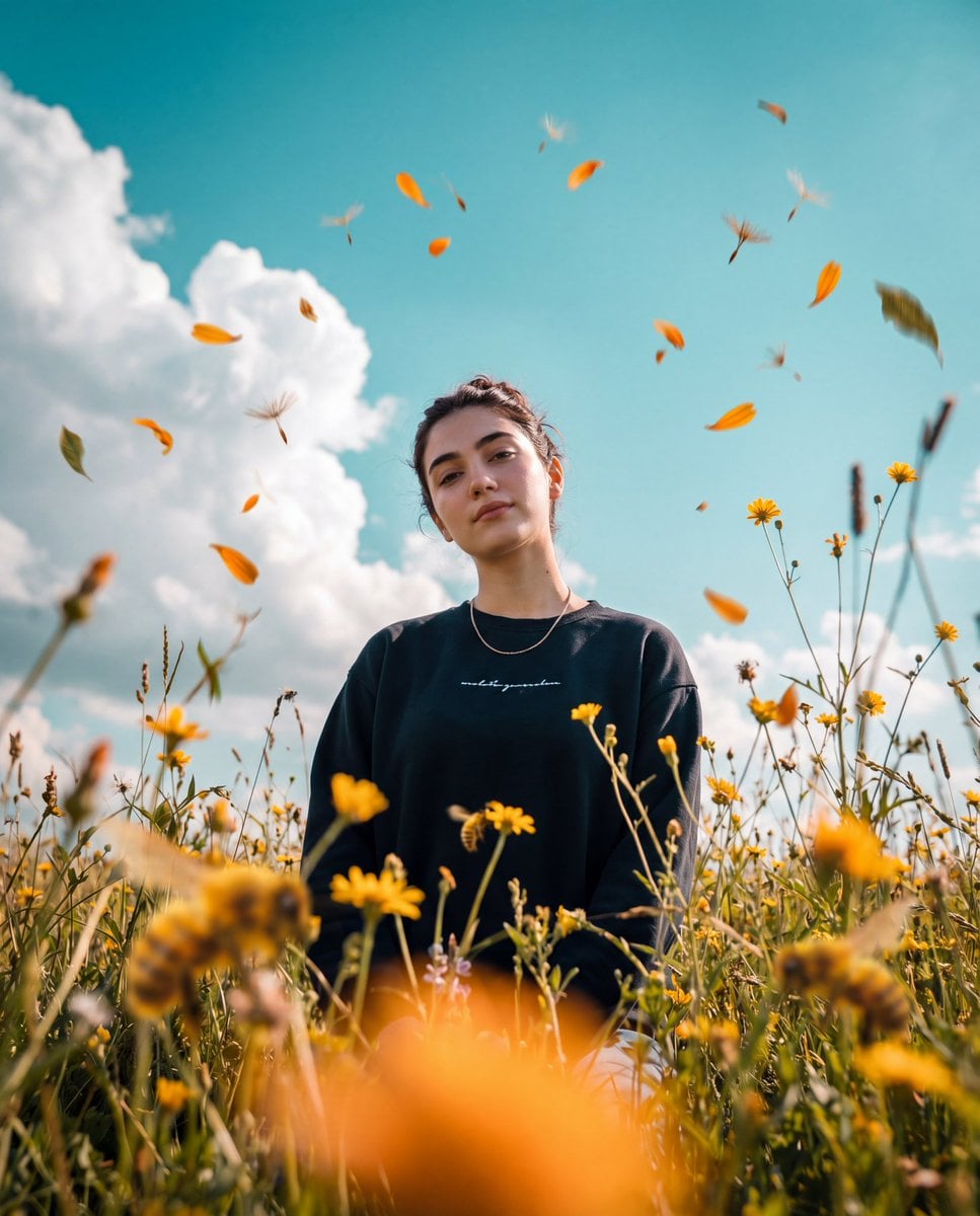 Photorealistic cinematic photo, 3:4 vertical frame, shooting from a very low point of grass/flowers (worm's-eye view) on
