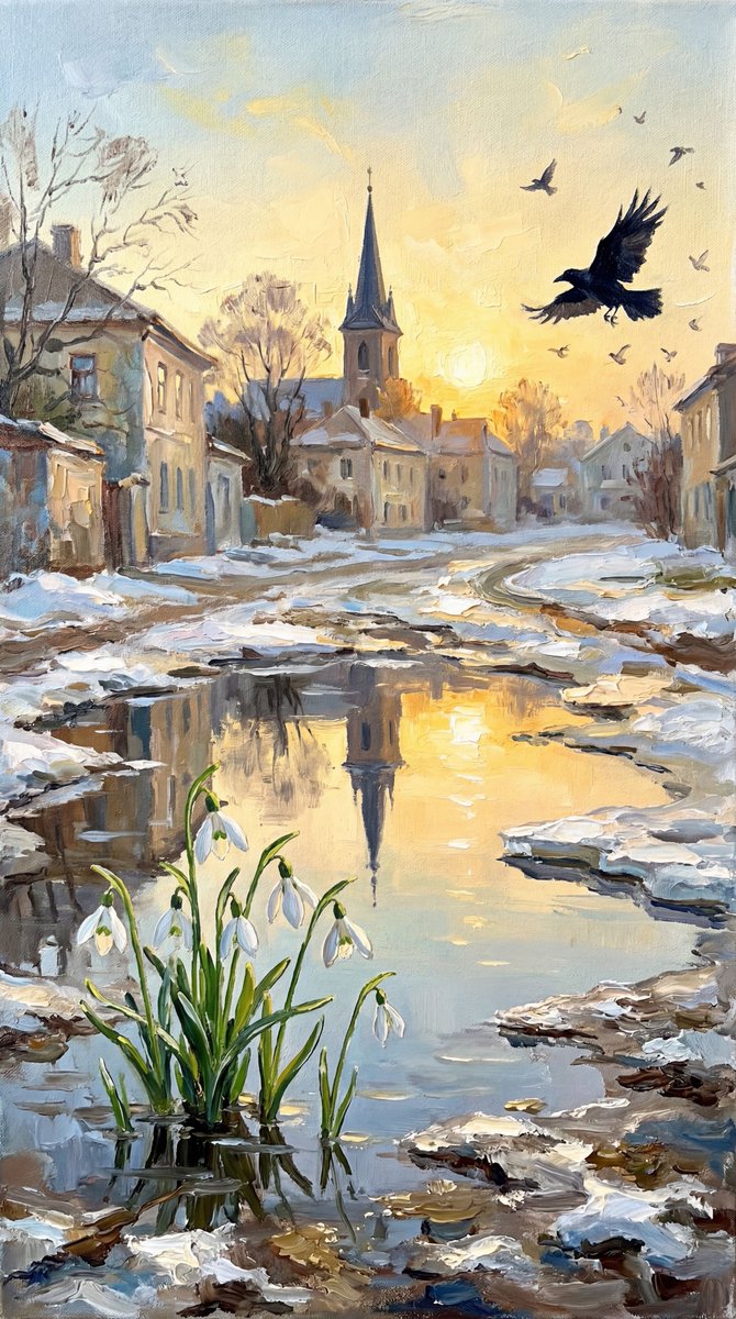 A surreal, high-resolution conceptual image depicting the transition from winter to spring. In the center, a large, real
