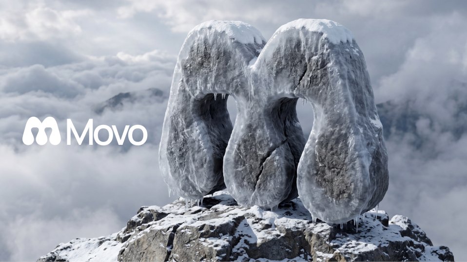 A hyper-realistic 3D render of a flat logo sculpted as a massive, frosted stone monument standing upright on the jagged 