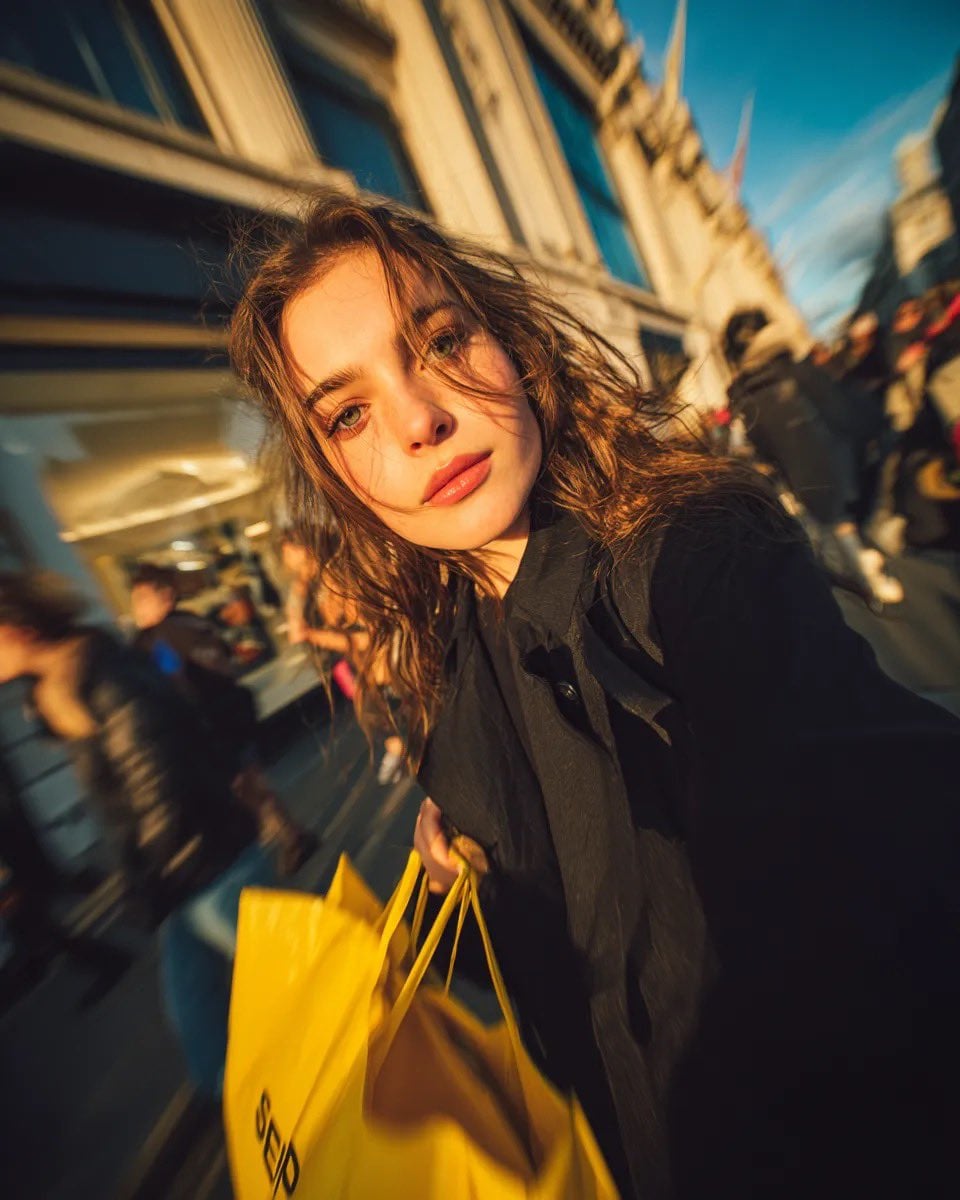 Cinematic street portrait of a young woman walking through a busy shopping street at golden hour, holding bright yellow 