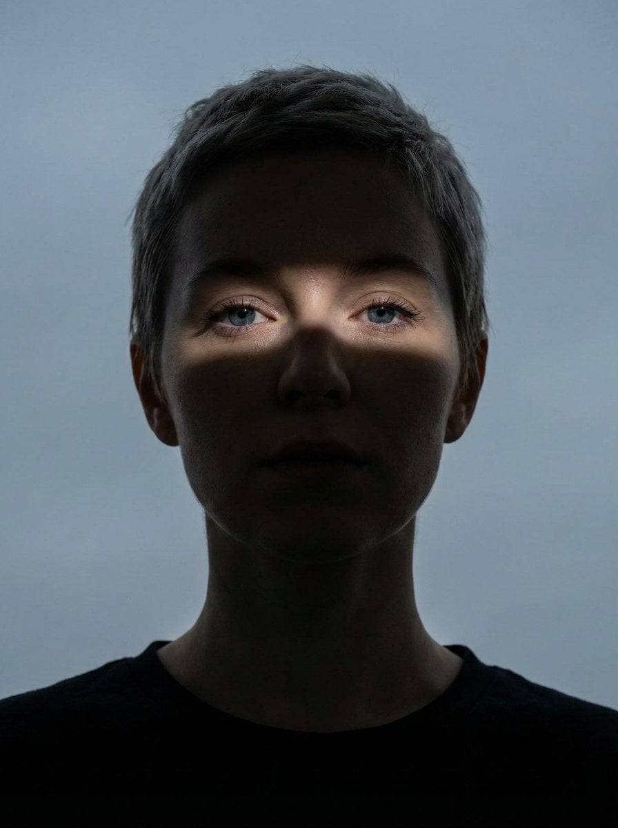 Close-up portrait of a woman (Same face as reference image)looking directly at the camera. Her face and neck are mostly 