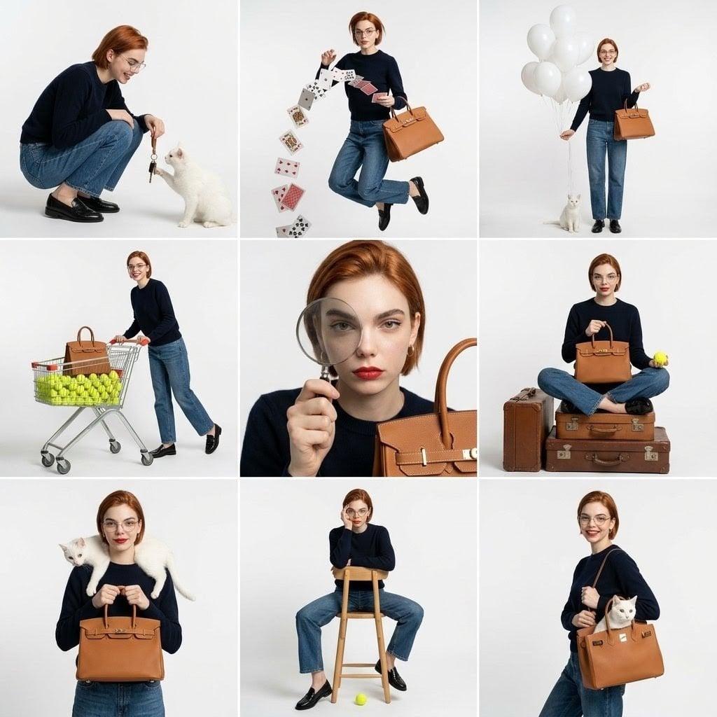 studio fashion collage, 3x3 grid layout, same subject repeated in different poses across all panels, clean seamless whit