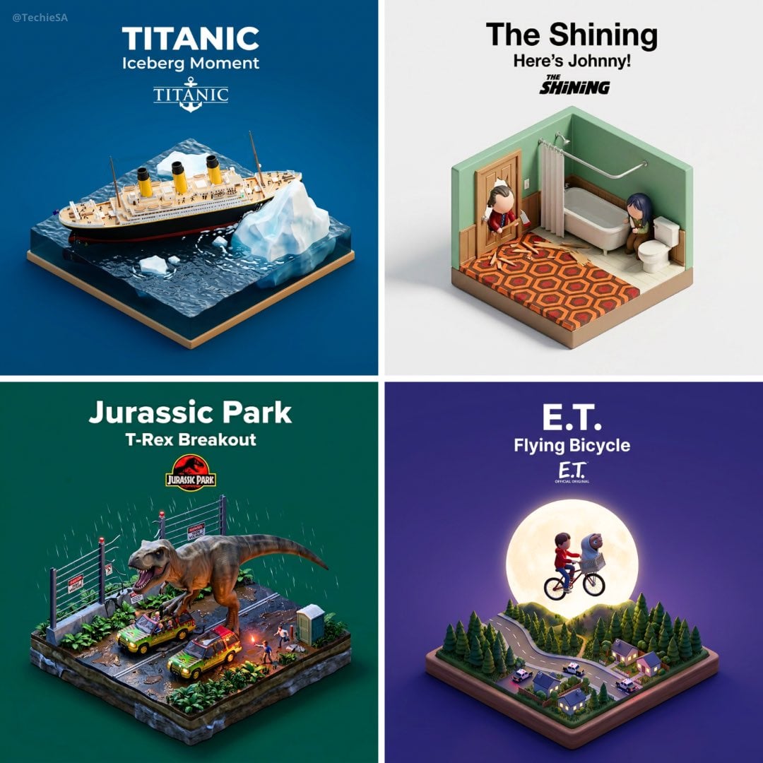 Present a clear, 45° top-down isometric miniature 3D cartoon scene of the iconic scene [SCENE NAME] from [MOVIE/SHOW], w