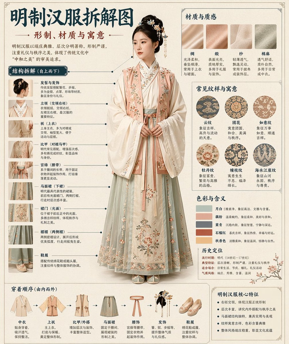 请根据[主题]自动生成一张[博物馆图鉴式中文拆解信息图]。

要求整张图兼具真实写实主视觉、结构拆解、中文标注、材质说明、纹样寓意、色彩含义和核心特征总结。你需要根据[主题]自动判断最合适的主体对象、服饰体系、器物结构、时代风格、关键部件、