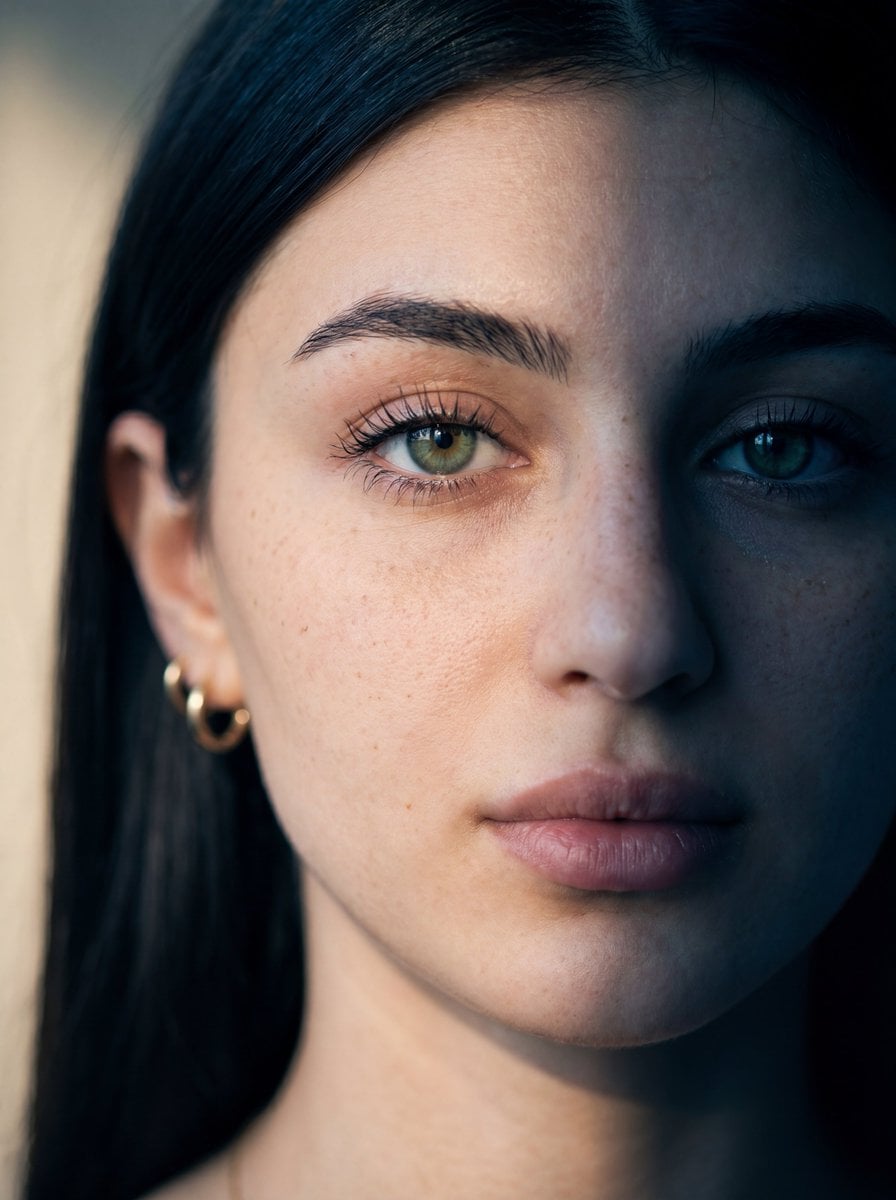 Ultra-realistic close-up portrait of a young woman with fair skin and subtle freckles, green eyes, and natural full lips
