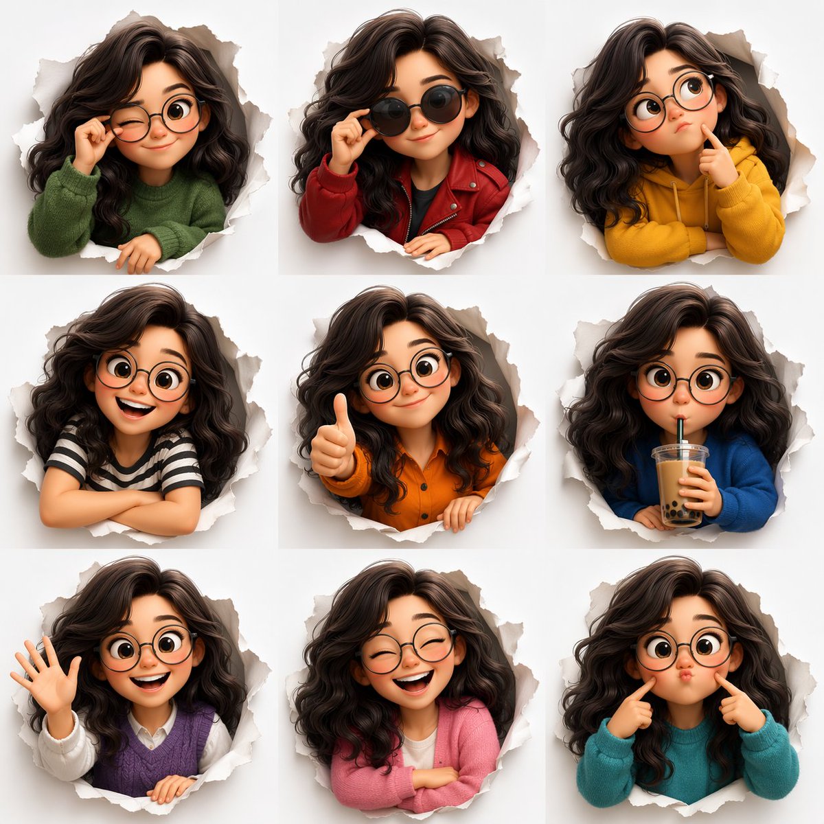3D Pixar-style expression sheet, cute stylized avatar with wavy dark hair and round glasses, 3x3 grid layout, peeking th
