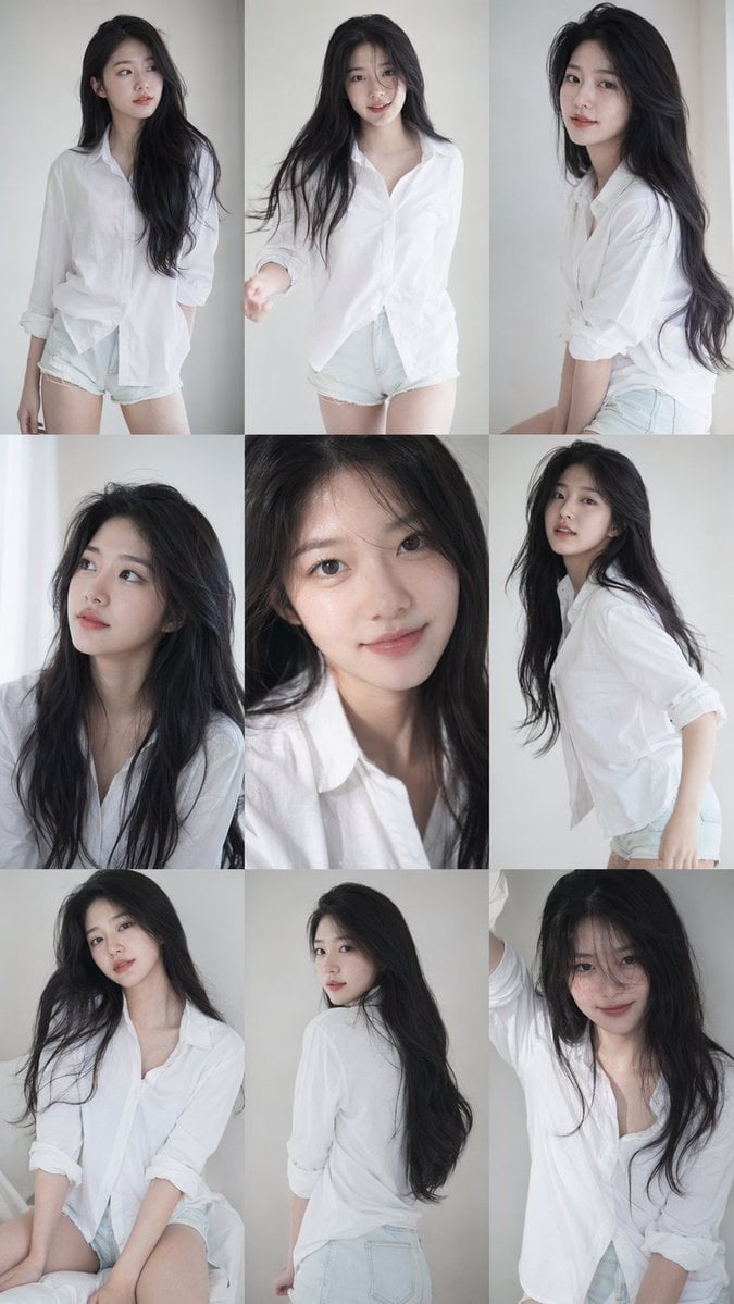 9:16 vertical — a 3x3 grid collage (nine images) forming a Korean idol portrait photoshoot series. Each frame features t
