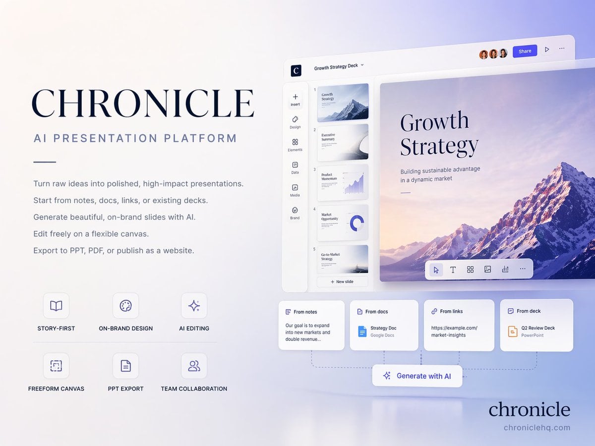 Create a premium 4:3 presentation cover slide introducing Chronicle, the AI-native presentation platform from https://t.