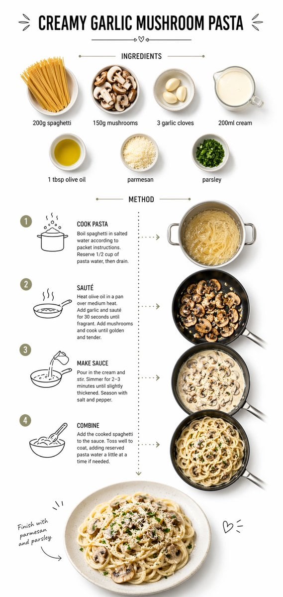 Create step-by-step recipe infographic for creamy garlic mushroom pasta, top-down view, minimal style on white backgroun