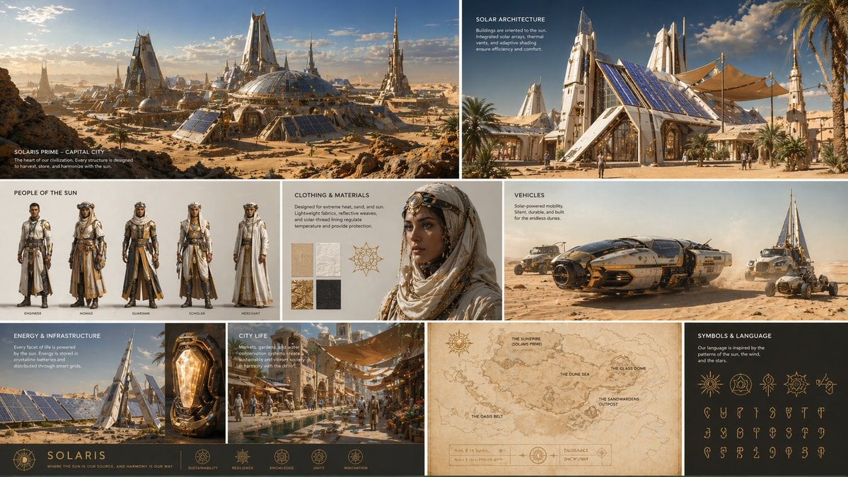 Create a complete visual worldbuilding set for a futuristic desert civilization powered by solar technology, multiple im