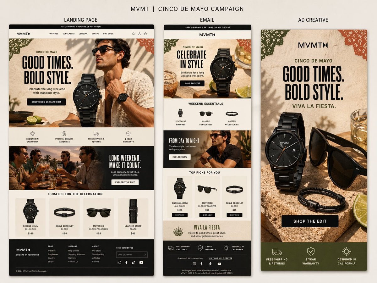 Create a premium presentation-style campaign board for [Hero Subject: MVMT’s Cinco] de Mayo campaign on a soft warm neut