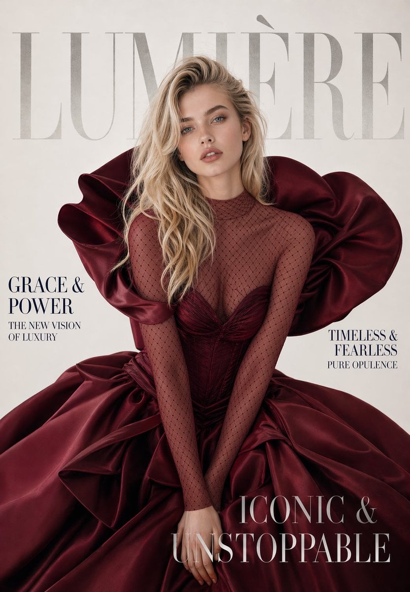 A luxury high-fashion magazine cover. Magazine name at the very top in massive elegant serif font reads [Title: LUMIÈRE]