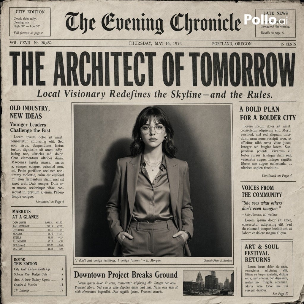 Create the most realistic front page design of a vintage newspaper featuring the main character. The layout should be ma