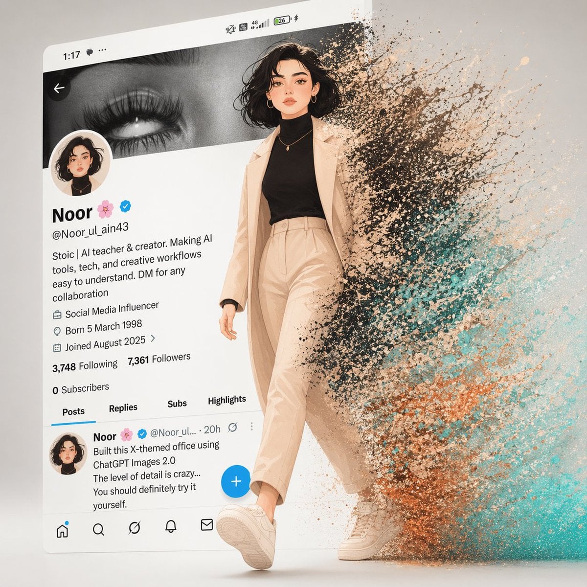 A cinematic digital artwork of a stylish animated girl walking out of a modern X (Twitter) profile interface. The backgr