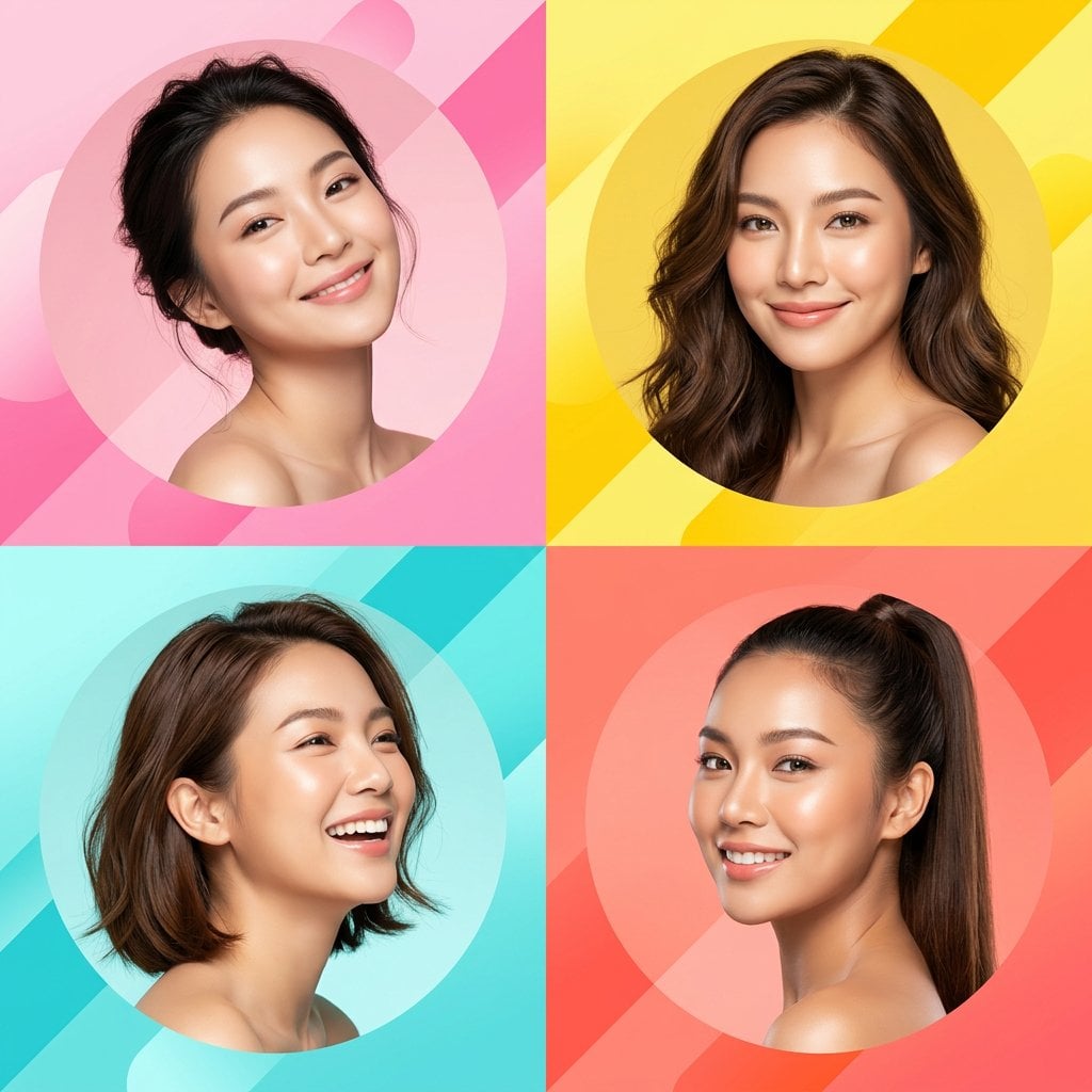 Ultra-modern high-end skincare advertising collage featuring four beautiful young Asian women, each portrait styled in a
