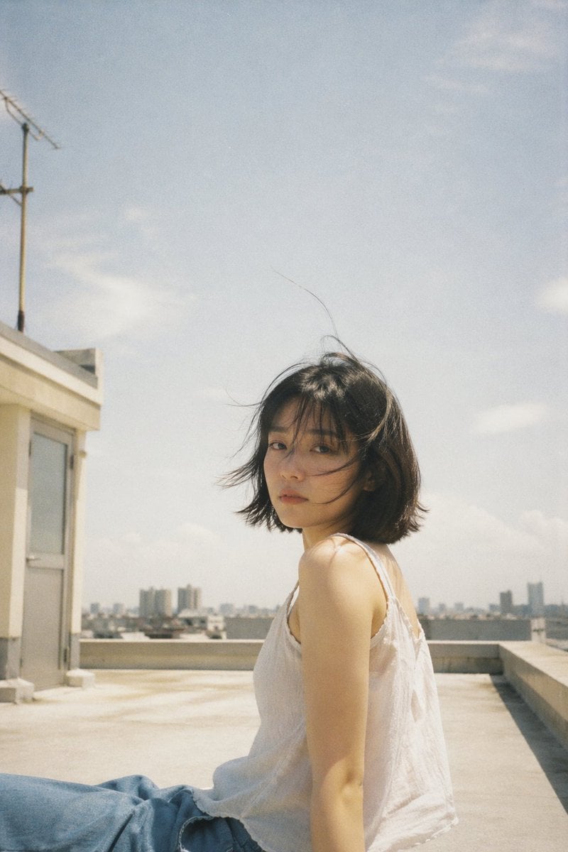 Japanese negative film aesthetic, rooftop summer scene, soft natural sunlight, slight overexposure highlights, low contr