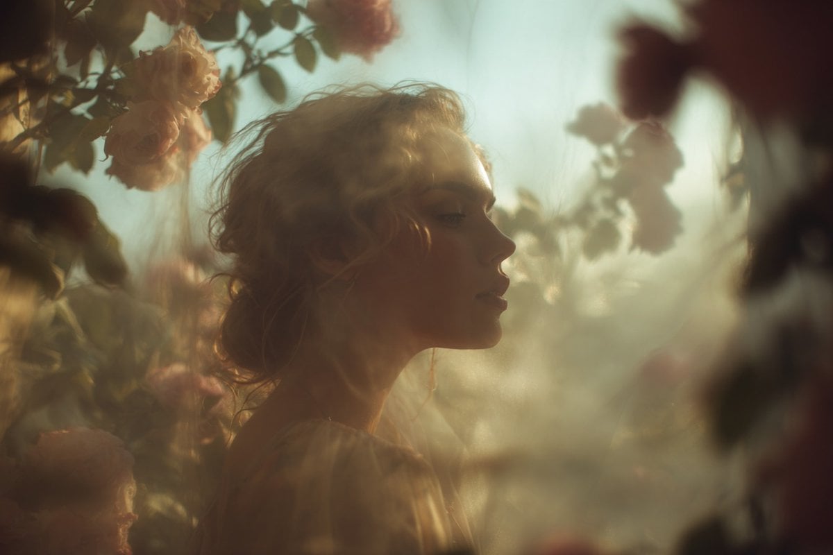 A soft-focus dream photograph of a [subject] in a [setting], seen through translucent fabric and [atmospheric element], 