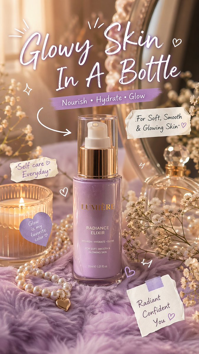 Luxury aesthetic skincare advertisement,soft pastel background, warm golden sunlight, dreamy soft focus, feminine vanity